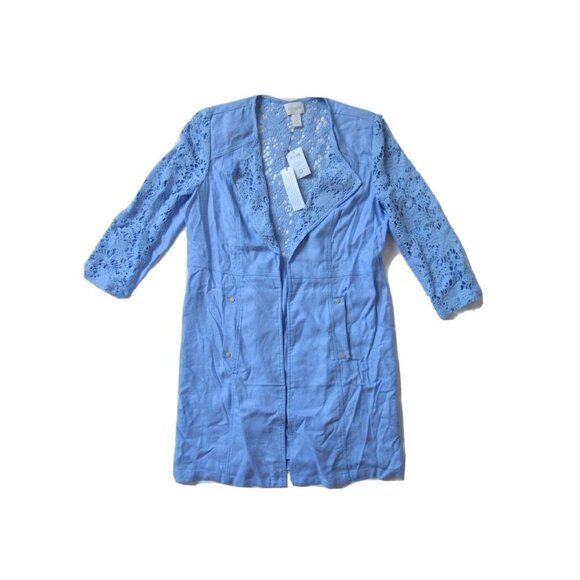 NWT Chico's Lovely Lace Mix Duster in Pale Parisian Blue Open Front Jacket 0 / 4 - Picture 2 of 5